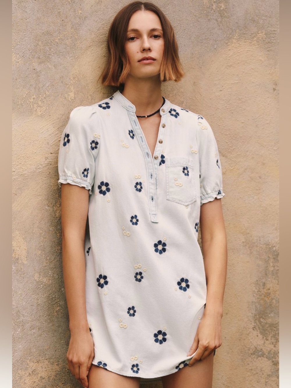 Aly Embroidered Puff-Sleeve Mini Dress by Pilcro in Light Denim Size XXS NWT